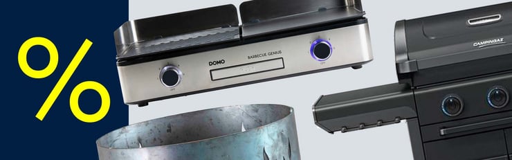 Plusieurs barbecues, dont un grill de table en acier inoxydable et un barbecue à gaz noir, à côté d’un symbole de pourcentage jaune sur fond bleu.