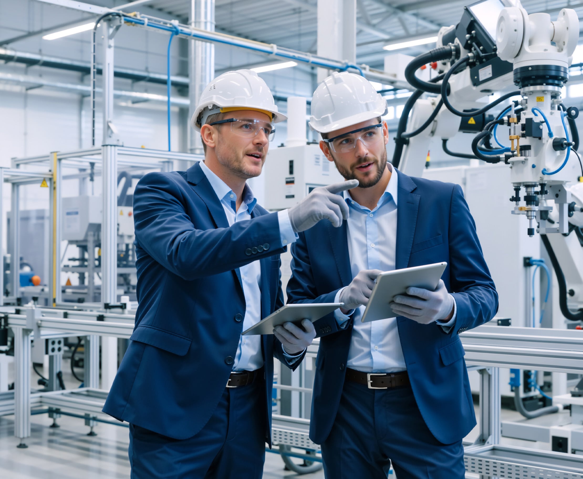Deux ouvriers équipés de casques et de lunettes de sécurité dans un atelier de production robotisé.
