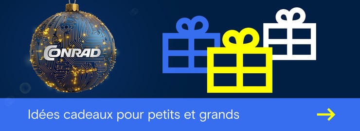Une boule de Noël bleue avec un motif de circuit imprimé et des points lumineux est suspendue à gauche, accompagnée du texte « Idées cadeaux pour petits et grands » et de trois icônes de cadeaux en bleu, jaune et blanc.