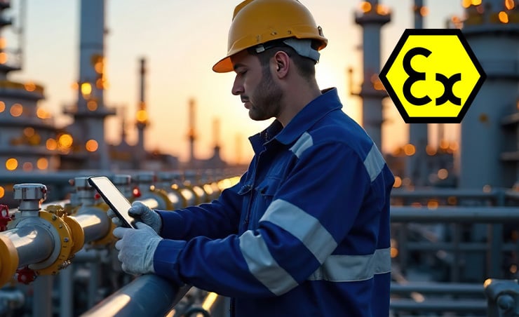Ouvrier industriel portant un casque et des gants utilise une tablette dans une installation industrielle avec des conduites et un marquage de protection antidéflagrante.