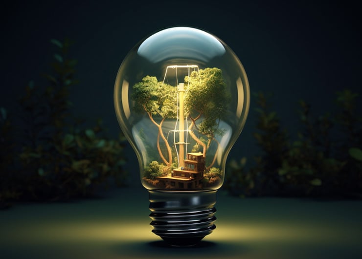 Une ampoule dans laquelle se trouvent une petite maison et des arbres