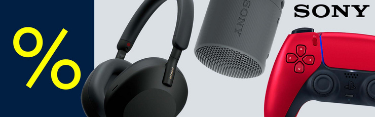 Casque Sony, enceinte Bluetooth et manette PlayStation rouge à côté d’un symbole de pourcentage – promotion sur des produits technologiques.