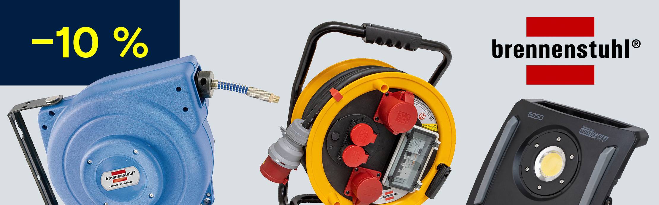 Bannière présentant un enrouleur de câble, un dévidoir et une lampe de travail Brennenstuhl, ainsi qu'une mention « -10 % ».