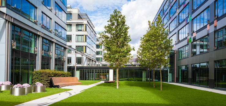 Cour intérieure verdoyante d'un complexe de bureaux moderne, avec une pelouse bien entretenue, de jeunes arbres et un banc en bois devant des façades vitrées.