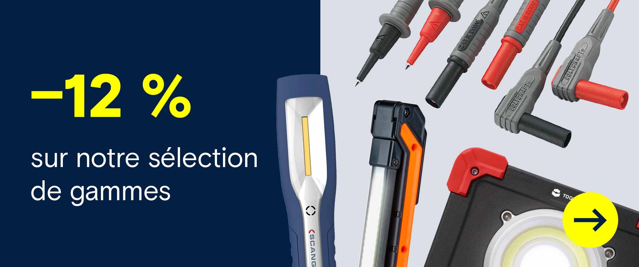 Bannière promotionnelle indiquant « –12 % sur des assortiments sélectionnés » sur fond bleu avec lampes de travail et cordons de mesure illustrés à droite.