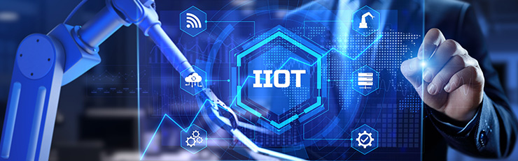 Représentation d'une interface numérique avec l’icône « IIOT » et un bras industriel au premier plan.