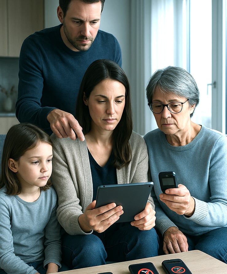 Une famille utilise des appareils modernes, tandis que d’anciens téléphones portables sans signal reposent sur la table