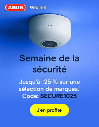  Une publicité pour les semaines de la sécurité avec une caméra de sécurité au plafond, un fond bleu et du texte.