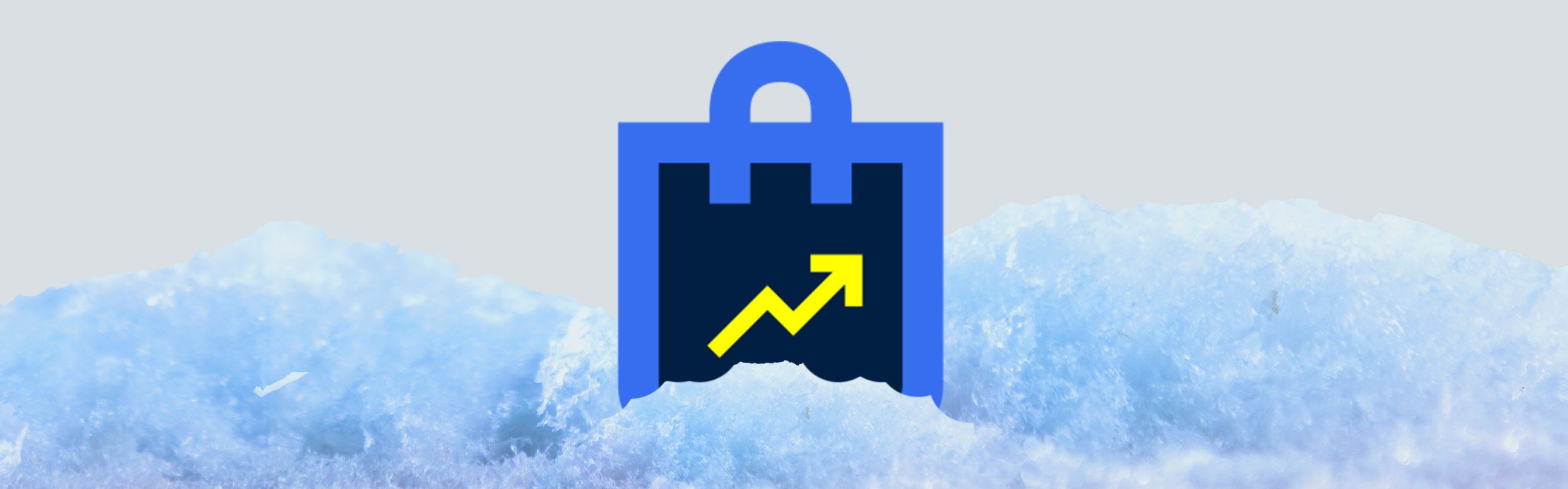 Scène hivernale avec de la neige, un sac à provisions bleu stylisé avec une flèche jaune pointant vers le haut