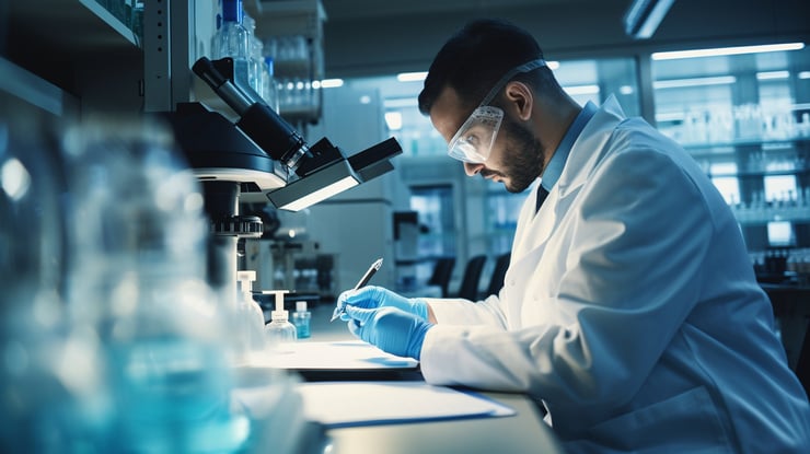 Un scientifique est assis dans un laboratoire conforme aux GMP et analyse des échantillons. 