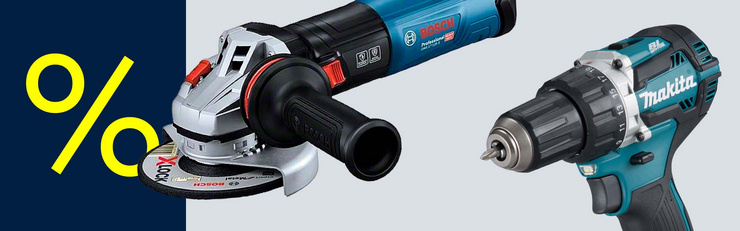 Une meuleuse Bosch et une visseuse sans fil Makita sont présentées sur un fond gris clair à côté d’un grand signe de pourcentage jaune.