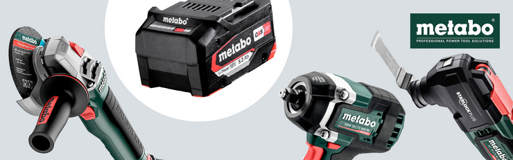 Bannière Metabo avec meuleuse d’angle sans fil, batterie 18V, clé à chocs sans fil, accessoire de scie sabre et logo Metabo sur fond gris clair.
