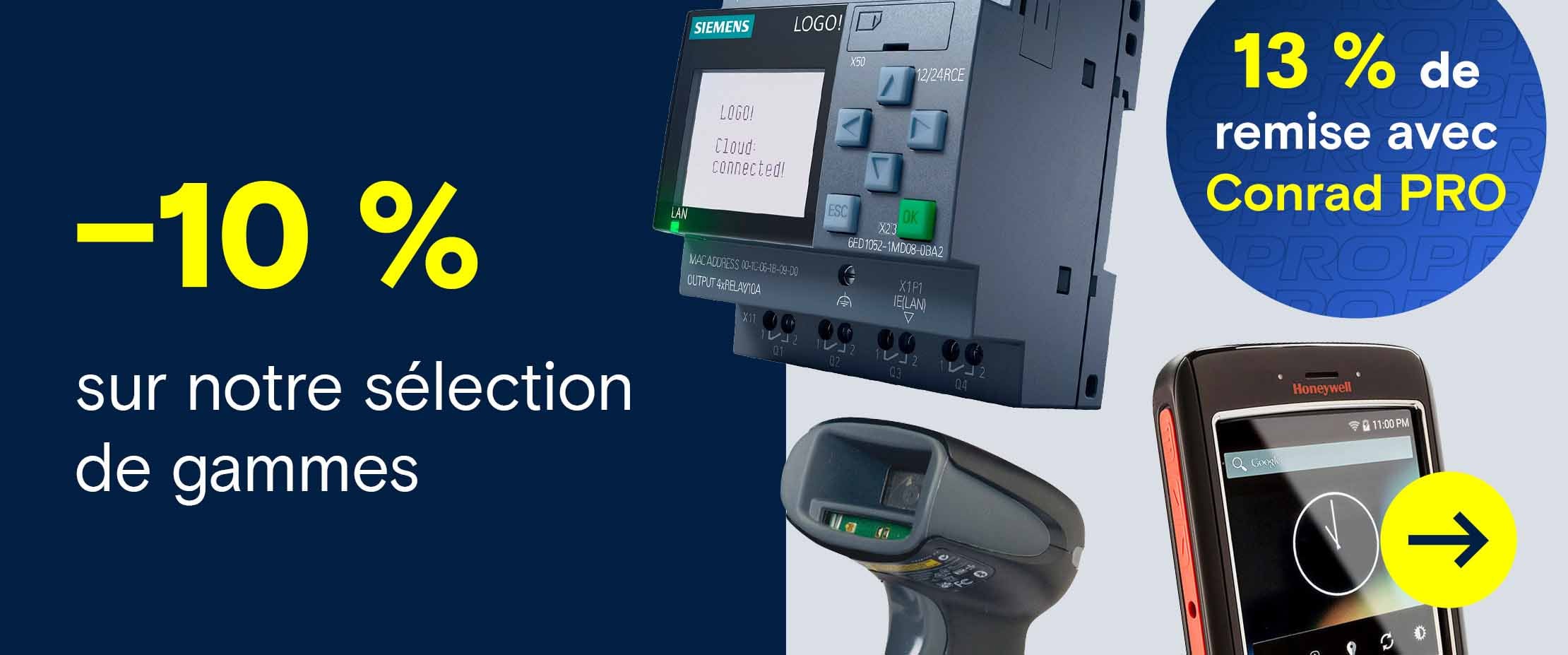 Bannière publicitaire présentant un automate Siemens LOGO!, un terminal portable Honeywell et un lecteur de codes-barres, avec 10 % de remise sur une sélection de produits et 13 % avec Conrad PRO.