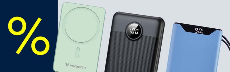Visuel promotionnel présentant différentes batteries externes, dont un chargeur magnétique et des batteries mobiles avec indicateur de charge, accompagnées d’un symbole de réduction pour des produits d’alimentation mobile à prix réduit.