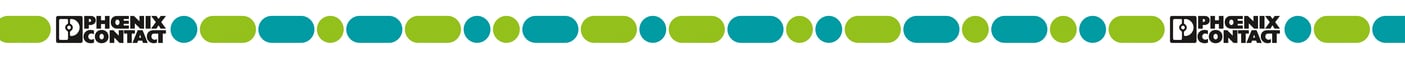 Un motif flou de formes vertes et bleu sarcelle alterne sur un fond blanc, avec les mots « PHOENIX CONTACT » visibles au début et à la fin.
