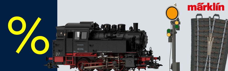 Visuel promotionnel présentant un train miniature Märklin, un pont et un conteneur Hyundai avec un symbole de réduction, pour des articles de modélisme ferroviaire et accessoires à prix réduit.