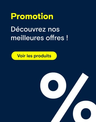 Cette image annonce une promotion avec la phrase « Découvrez nos meilleures offres ! » et un bouton pour voir les produits, sur un fond bleu foncé avec un symbole de pourcentage blanc bien visible.