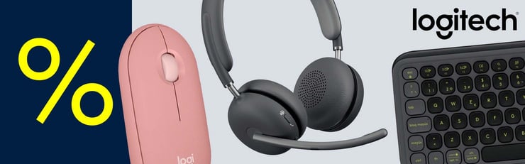 Bannière avec symbole de pourcentage et des produits Logitech, dont une souris rose, un casque et un clavier compact.