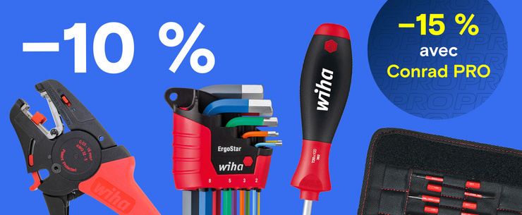Divers outils à main Wiha, notamment des pinces à dénuder, des clés Allen, des tournevis et des jeux d'outils, sur fond bleu, avec une remise de 10 % et de 15 % pour les membres Conrad PRO.
