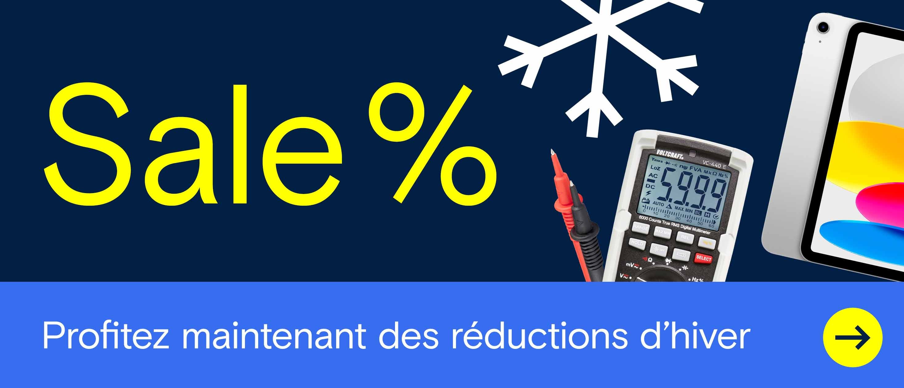 Bannière avec « Sale % », un symbole de flocon de neige, un multimètre, une tablette et le message « Jetzt Winterrabatte sichern ».