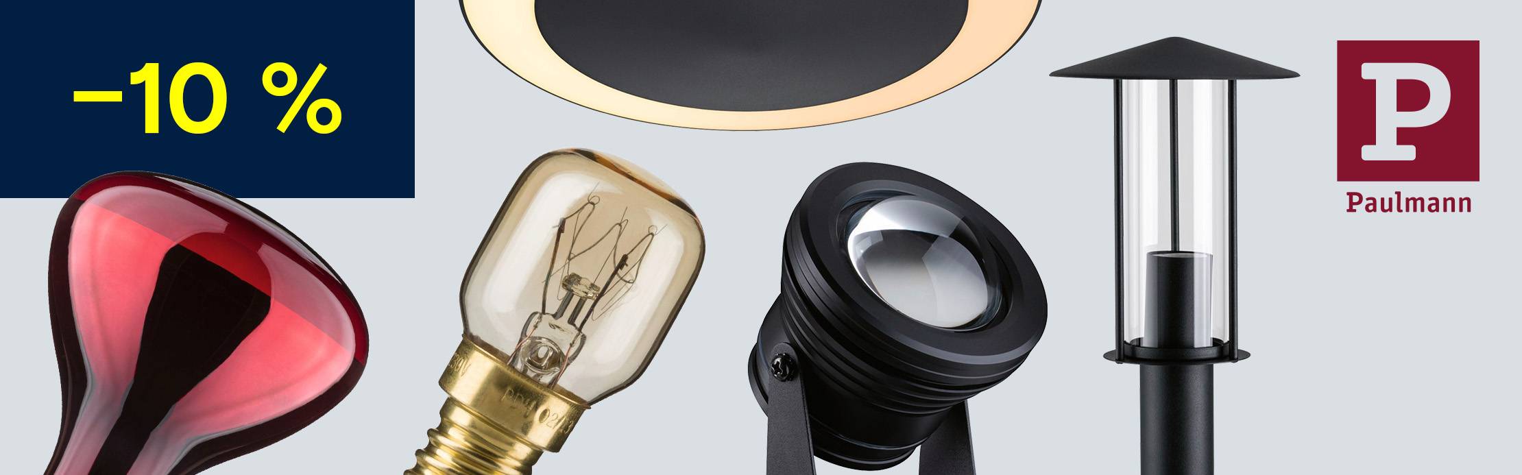 Diverses sources lumineuses et lampes de jardin Paulmann, dont des ampoules, des spots et une borne lumineuse, avec mention « -10 % ».