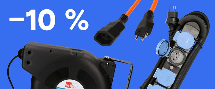 Bannière de l’offre MAX HAURI avec 10 % de réduction sur des solutions électriques, présentant une rallonge, une multiprise et un enrouleur de câble.