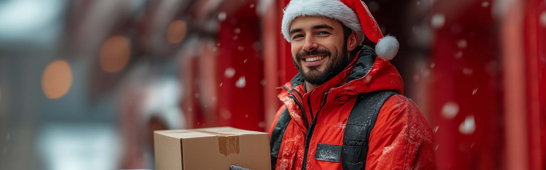 Un homme est dehors, coiffé d'un bonnet de Noël et tient un paquet à la main.