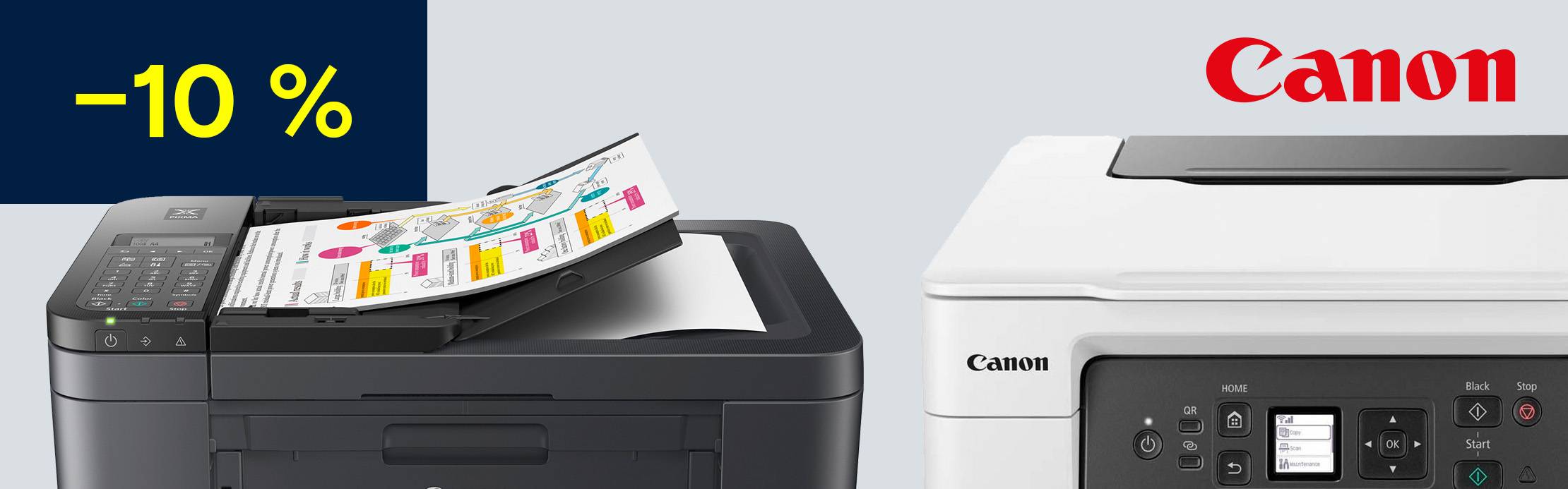 Bannière publicitaire présentant deux imprimantes Canon en noir et blanc, avec une indication « –10 % » sur fond bleu foncé à gauche et le logo Canon à droite.