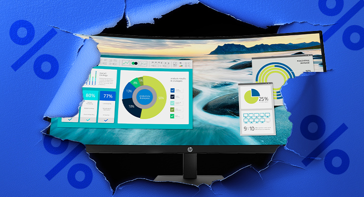 Un grand écran incurvé apparaît derrière un fond bleu déchiré et affiche des graphiques et un paysage.