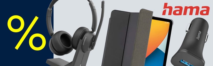 Bannière publicitaire avec des produits Hama tels qu’un casque audio, une tablette avec étui et un chargeur de voiture, accompagnés d’un grand symbole de pourcentage indiquant une promotion.