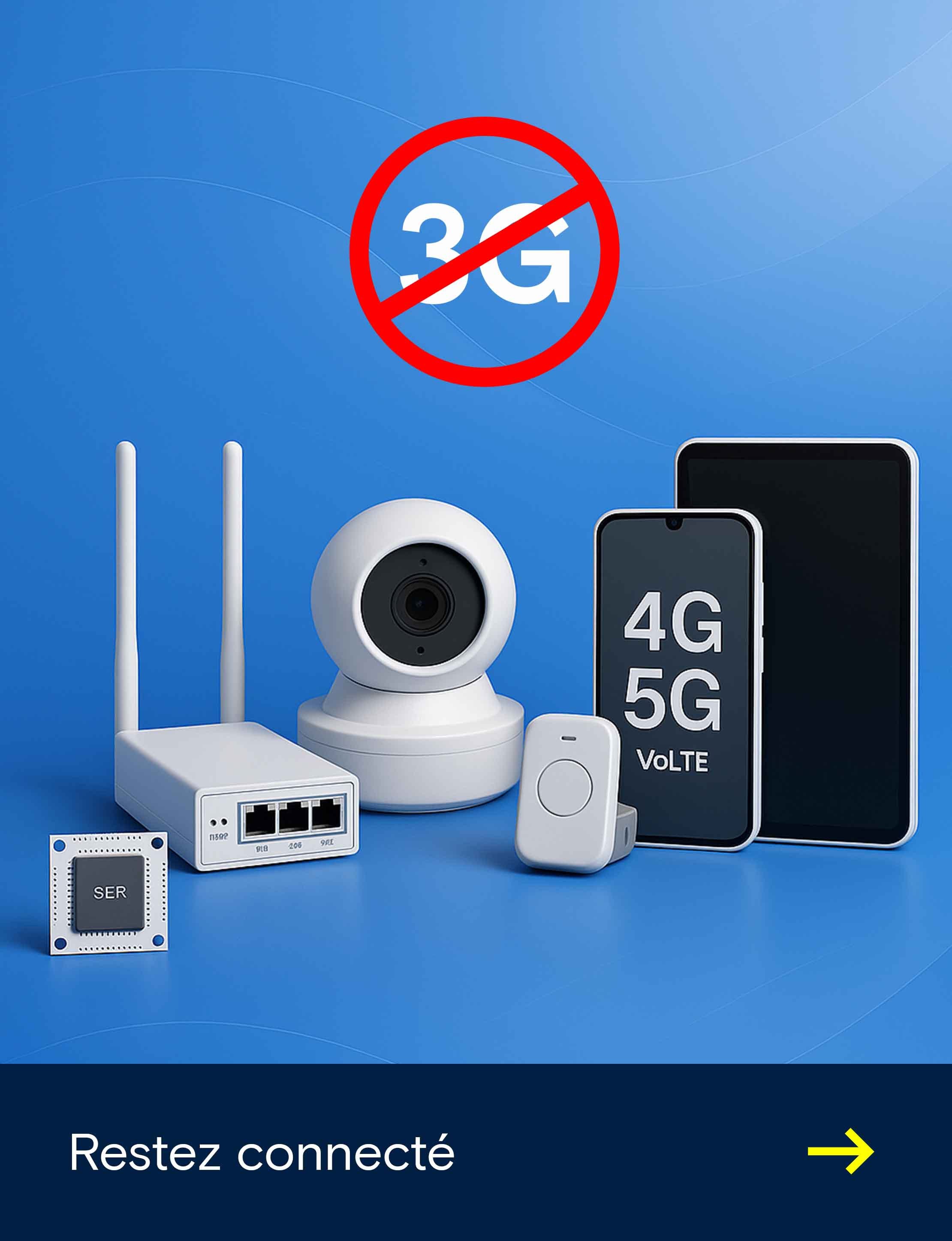 Illustration présentant des appareils de communication modernes comme un routeur, une caméra, un smartphone et une tablette devant un symbole « 3G interdit » avec une référence à la 4G/5G, et le texte « Rester connecté en toute sécurité ».