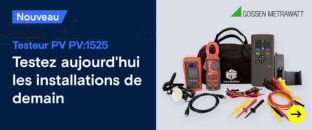 Une publicité pour le testeur PV Gossen Metrawatt PV:1525, avec le testeur, la pince ampèremétrique et les câbles. Le texte dit : "Testeur PV PV:1525 Test à l'épreuve du futur".
