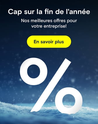 Un grand signe de pourcentage blanc planté dans la neige sous le texte "Action de fin d'année" et "Meilleures offres pour votre entreprise !".