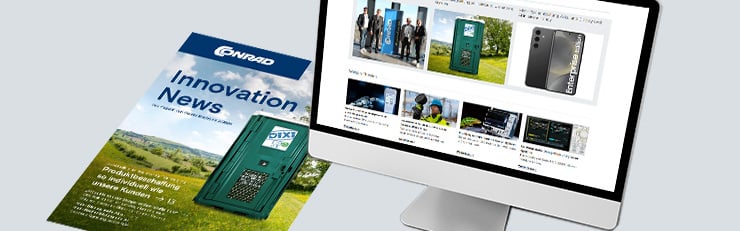Innovation News de Conrad près d'un écran avec la version en ligne
