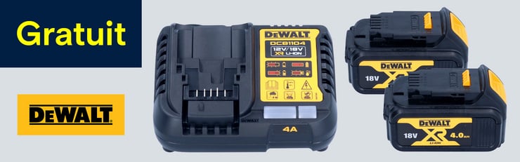 L’image montre un chargeur rapide DeWalt et deux batteries 18V XR avec l’indication « Gratuit ».