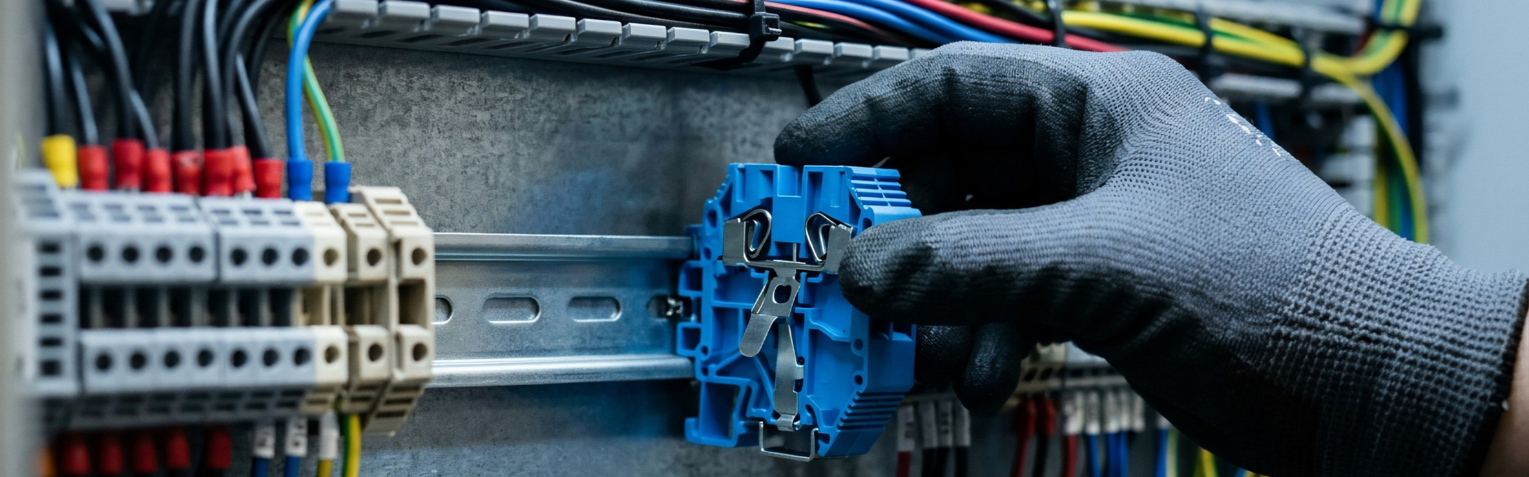 Une main gantée installe un bornier bleu sur un rail de montage dans une armoire électrique.