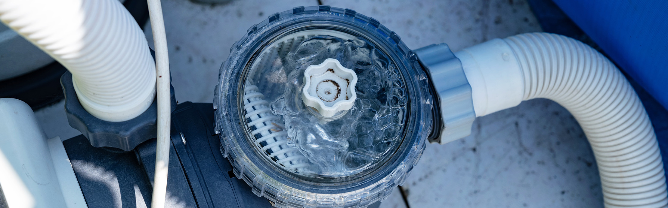 Gros plan sur une pompe de piscine dotée d'un couvercle transparent et de tuyaux blancs raccordés, dans lesquels l'eau s'écoule.