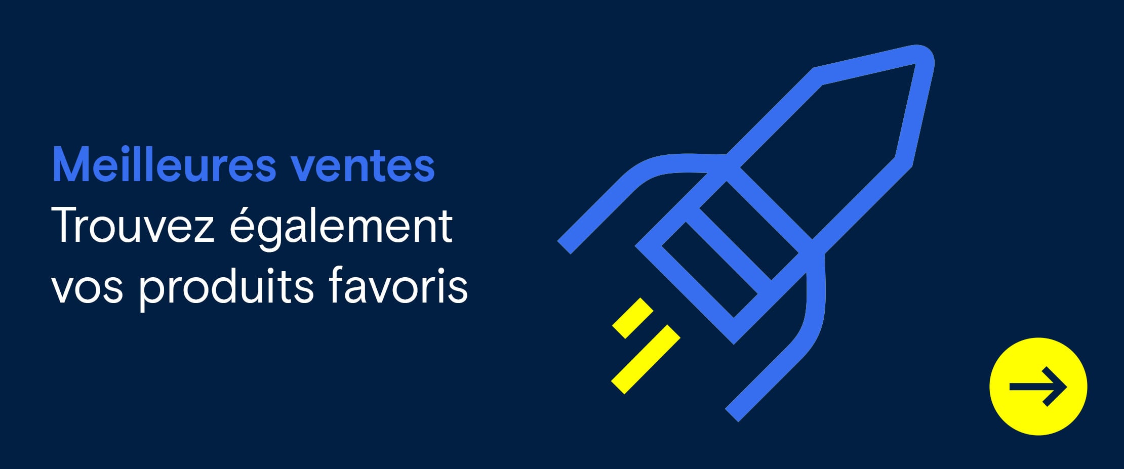 Illustration d'une fusée avec le texte « Topseller – Trouvez aussi vos favoris » sur fond bleu foncé.