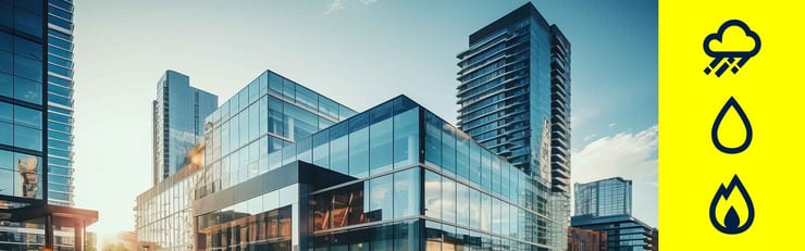 Bâtiments modernes avec des icônes sur le côté illustrant les risques potentiels présents dans les bâtiments.