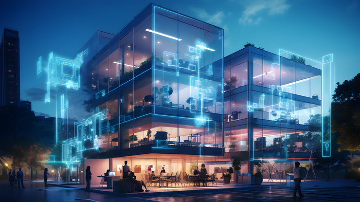 Immeuble de bureaux avec façade en verre la nuit, visualisé par des superpositions numériques lumineuses, capteurs intelligents du bâtiment