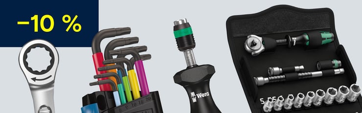 Divers outils Wera tels qu’une clé à cliquet, des clés hexagonales et un tournevis avec indication « -10 % » sur fond clair.