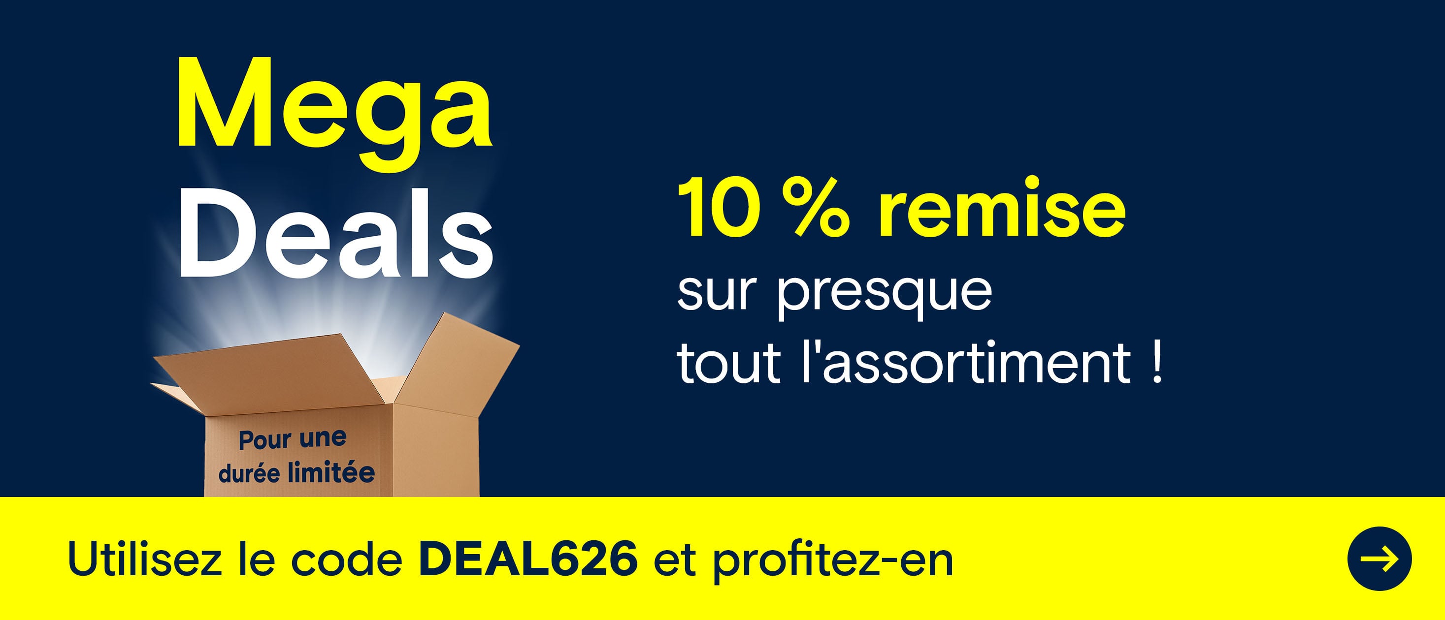 Bannière « Mega Deals » avec un grand symbole de pourcentage représentant des offres promotionnelles.