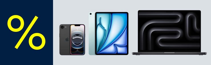 Bannière publicitaire présentant un iPhone 16e, un iPad Air 13 et un MacBook Pro 16