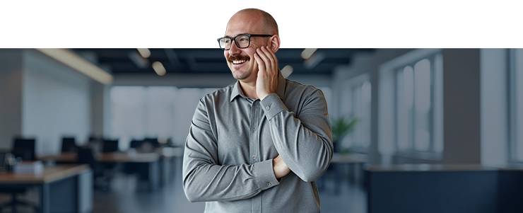 Un homme avec des lunettes et une chemise grise sourit dans un bureau moderne.