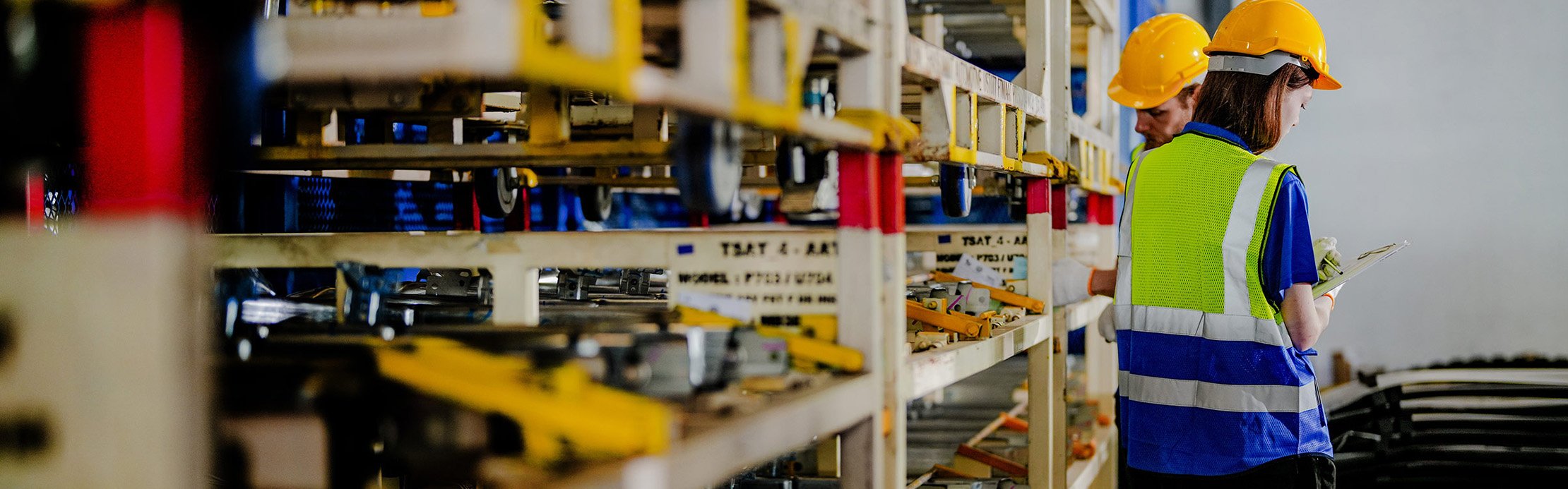 Deux ouvriers portant un gilet de sécurité jaune et un casque de protection jaune sont dans un entrepôt.