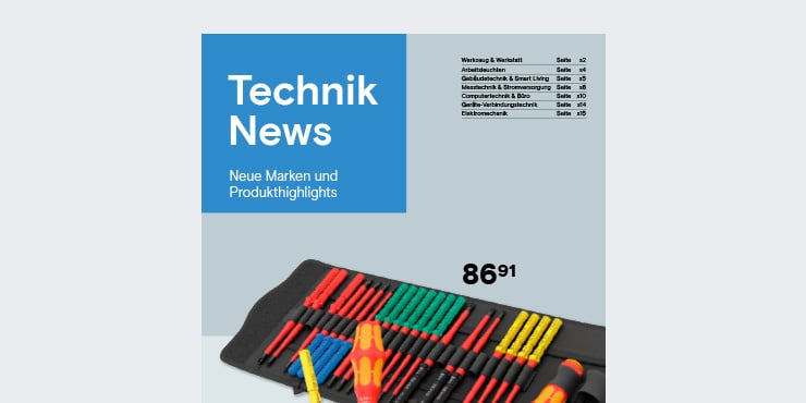 Recto d'un catalogue intitulé « Actualités technologiques » accompagné d'un ensemble d'outils