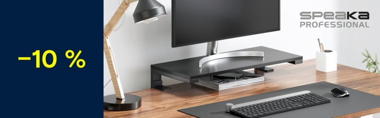 Aktionsbanner mit –10 % Rabatt auf ausgewählte Sortimente, moderner Schreibtisch mit Monitorerhöhung, Bildschirm, Tastatur und Maus.