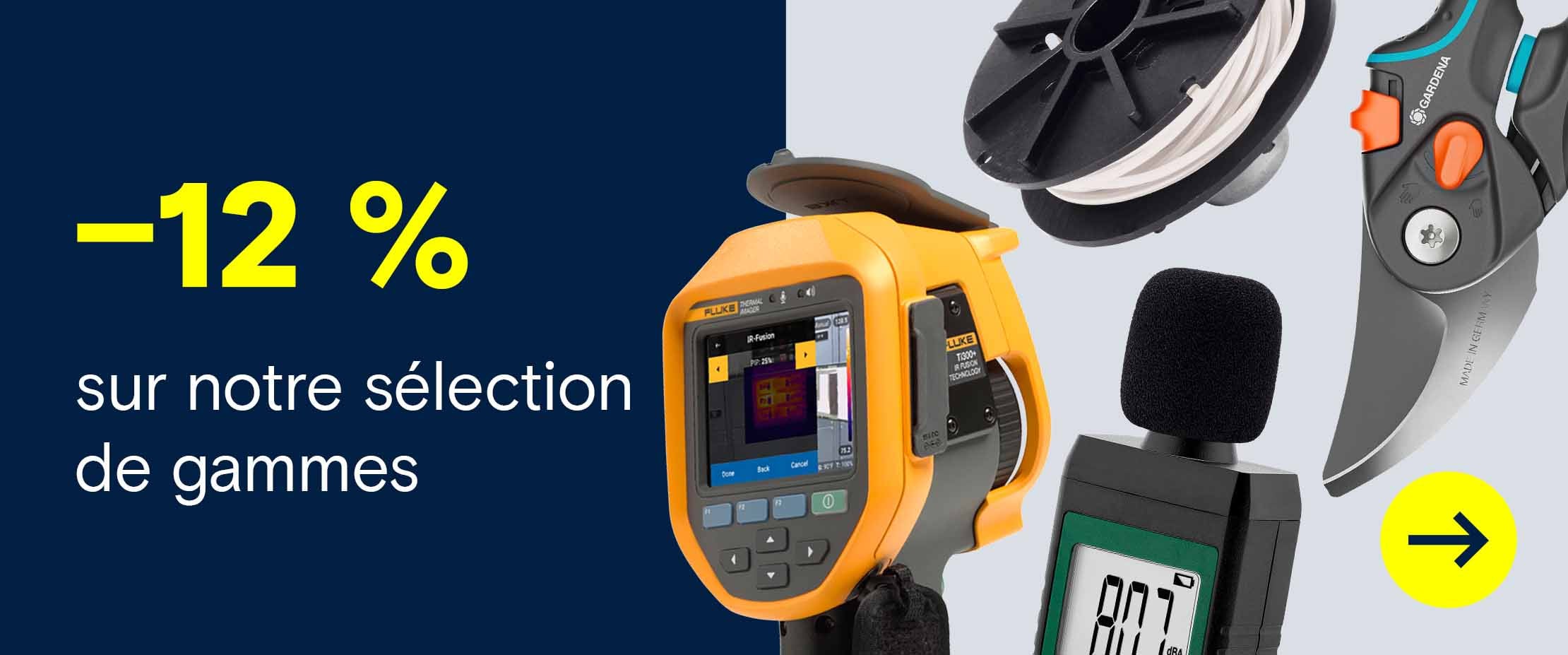Bannière publicitaire indiquant « –12 % sur une sélection d’assortiments », avec une caméra thermique Fluke, un enrouleur de câble, un sonomètre et un outil à dénuder.