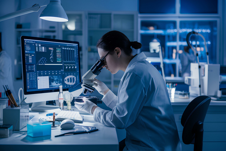 Une scientifique de laboratoire observe un échantillon au microscope, tandis qu’une analyse d’ADN s’affiche sur l’écran situé derrière elle.