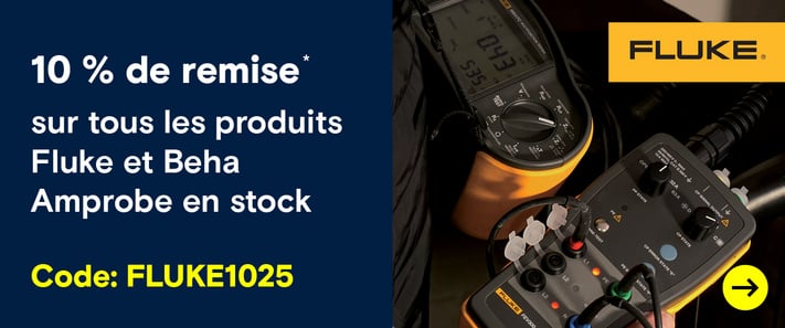 10% de remise sur tous les produits Fluke et Beha Amprobe* Deux instruments de mesure Fluke, un multimètre et une pince ampèremétrique, reposent sur une surface sombre. Le texte dit : "10 % de réduction sur les produits Fluke et Beha Amprobe en stock".